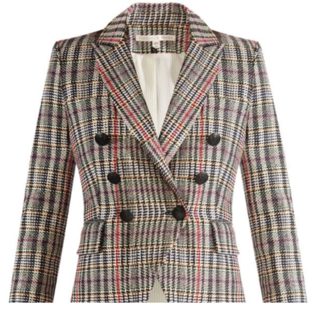 Veronica Beard EMPIRE Dickey Jacket in Multicolored Houndstooth Plaid with Red a